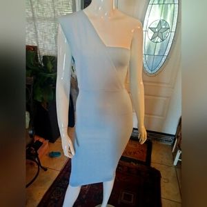 Dusty blue shoulder drape mid dress
